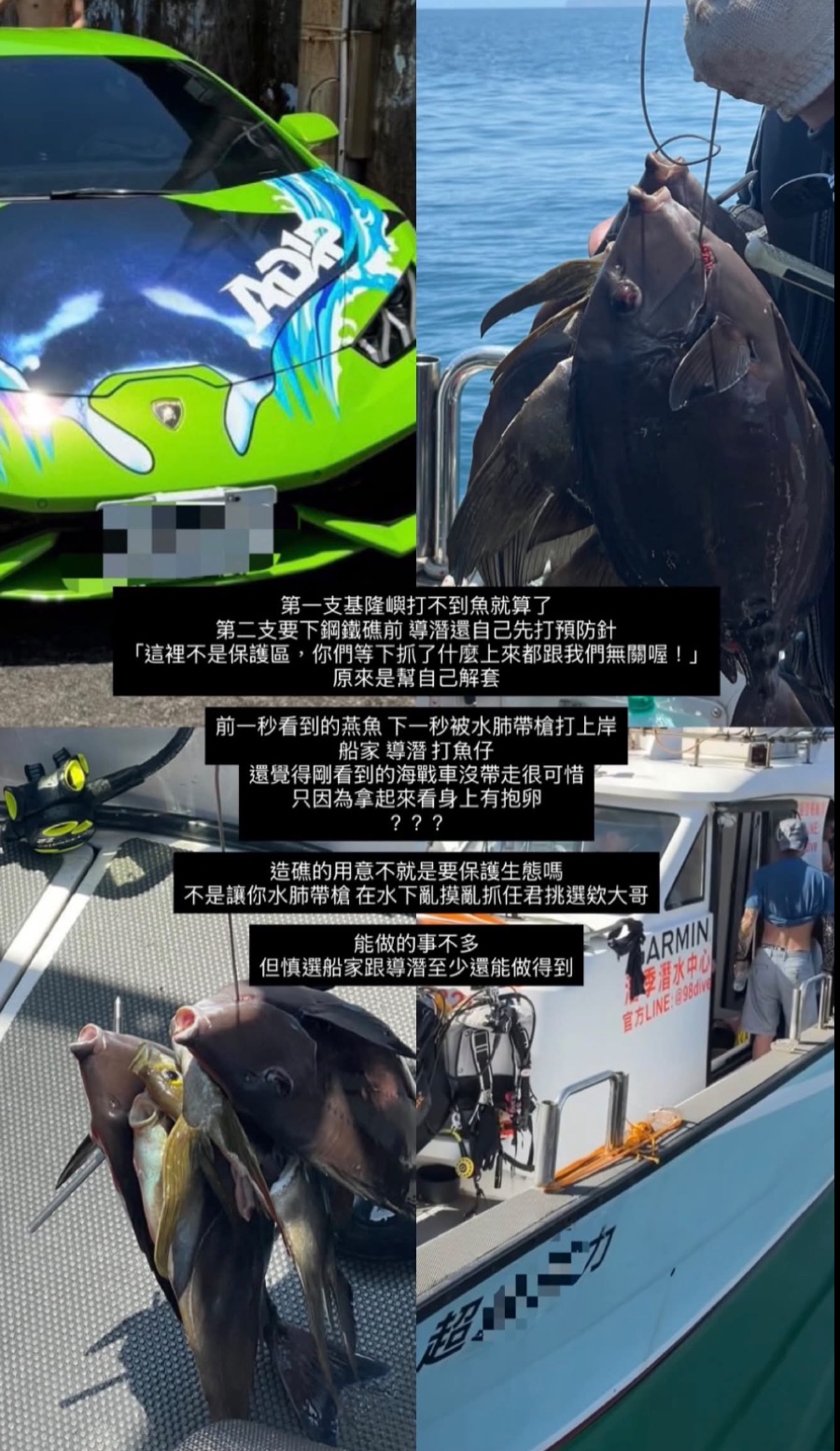 基隆鋼鐵礁船潛，潛水客水肺帶槍打魚，甲板上一排魚屍，導潛先撂話撇清責任